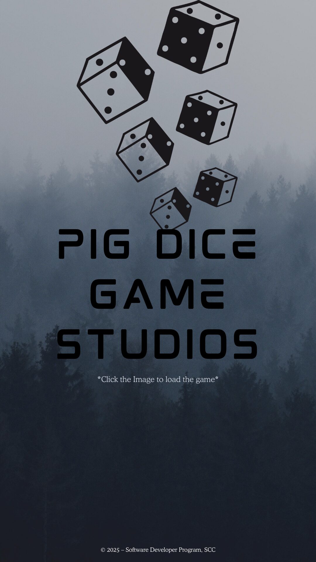 About Screen loading page for a mobile application created during a mobile application project. 6 dye of various sizes falling over a foggy, dense pine forest.